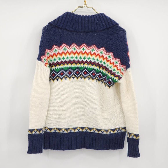 American Eagle Fair Isle Cardigan Chunky Knit Medium Cream Navy Pockets XS - Picture 5 of 10